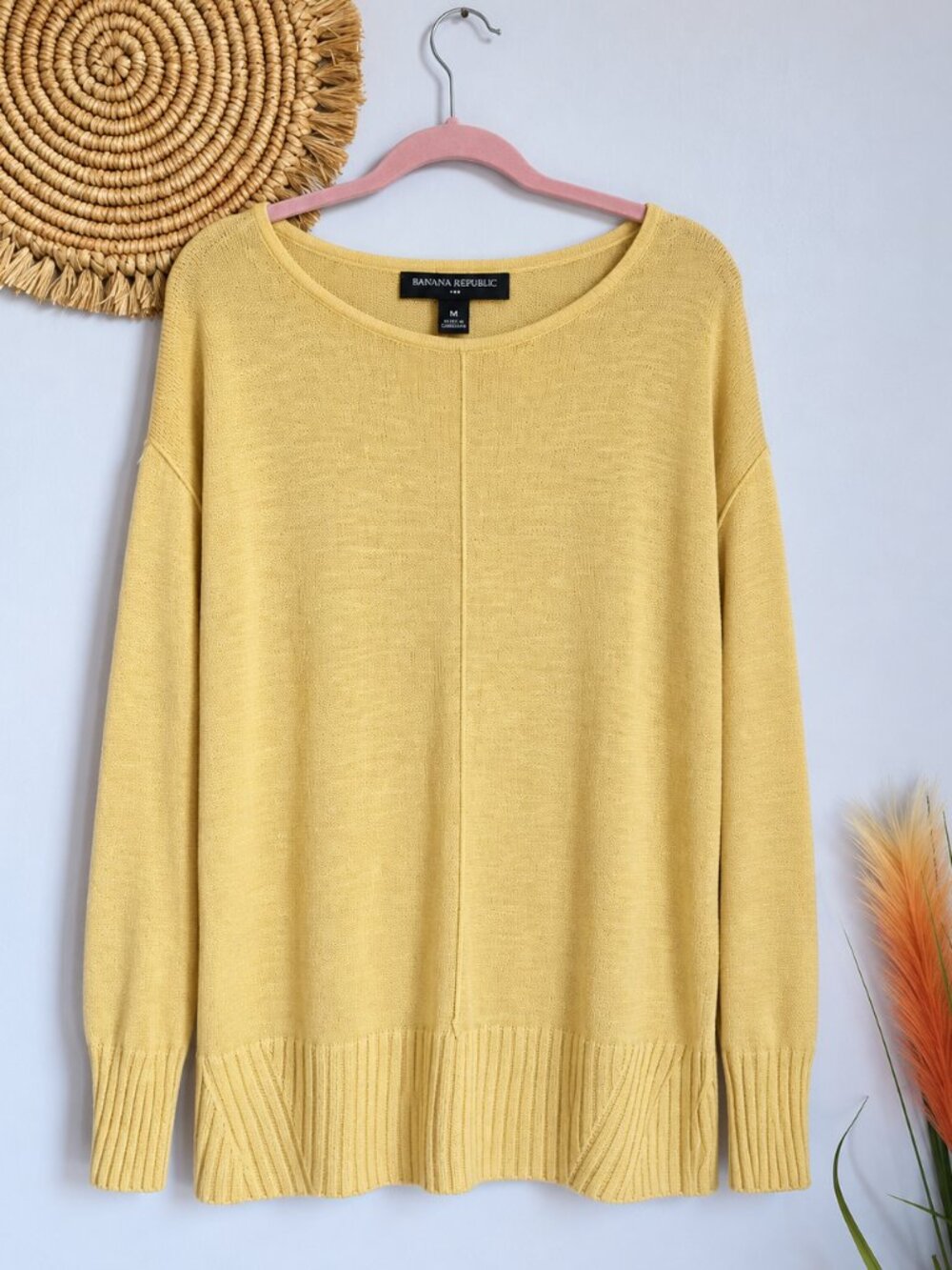 Banana Republic Yellow Ramie Knit Drop Shoulder Center Seam Sweater SZ Medium